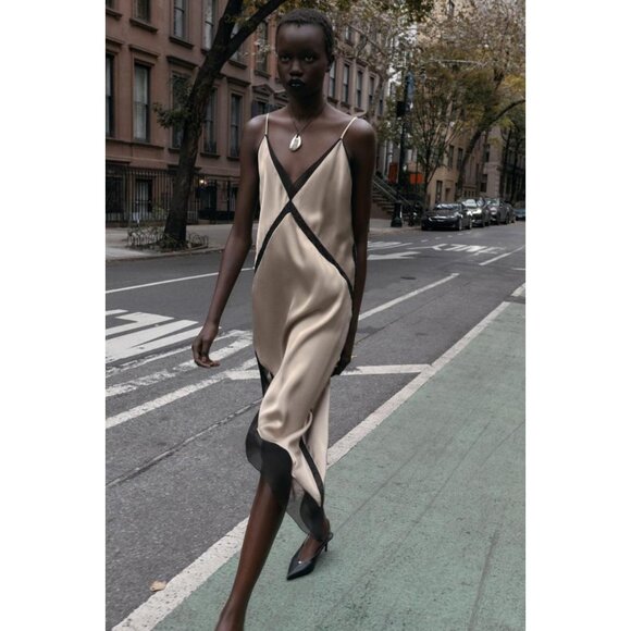 ZARA ASYMMETRIC SATIN EFFECT MIDI DRESS - Picture 2 of 9